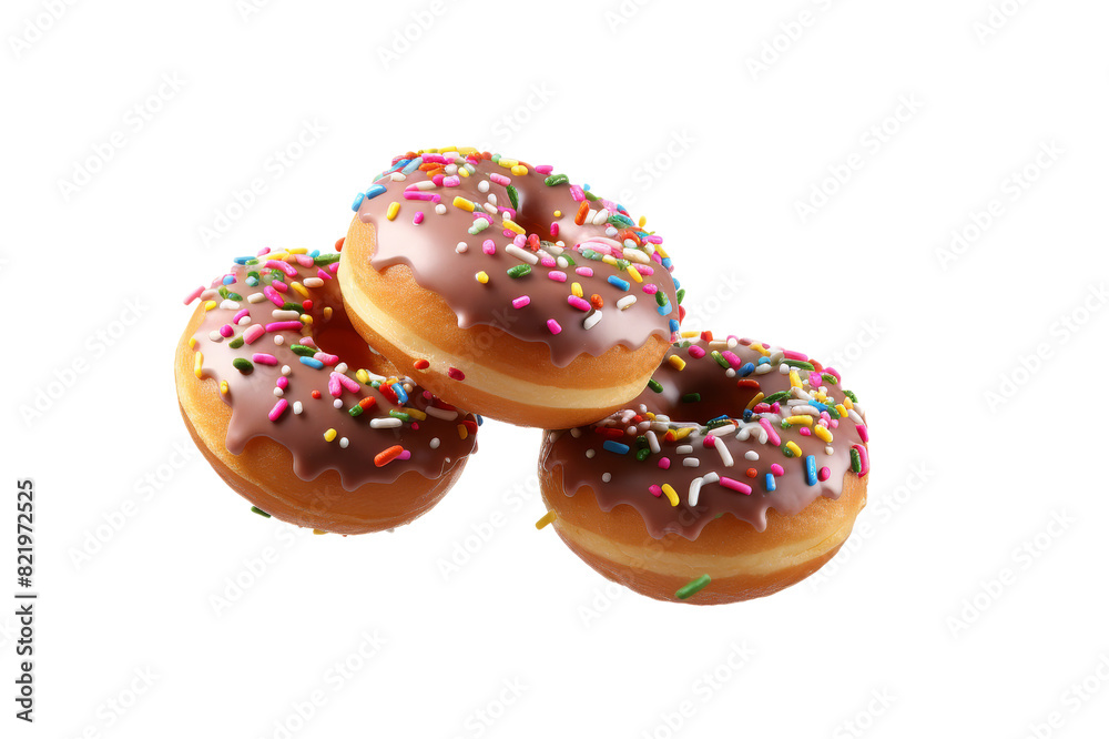 Flying Delicious Donuts With Sprinkles Isolated on Transparent Background, PNG, Cut Out.