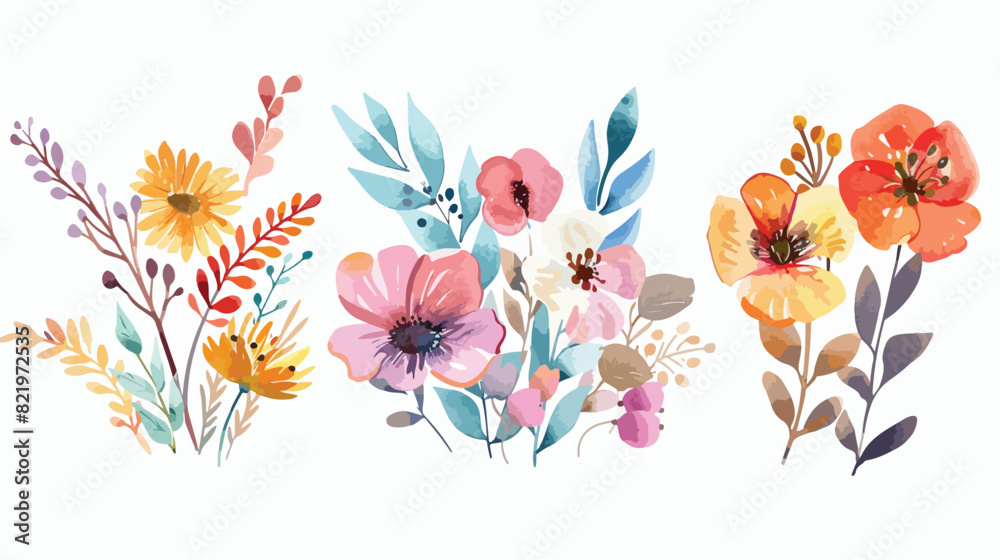 Colorful watercolor wild floral bouquet collection fo