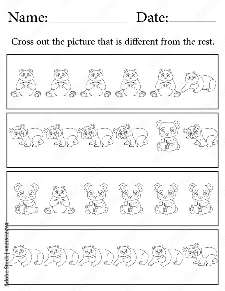 Panda Puzzle. Printable Activity Page for Kids. Educational Resources for School for Kids. Kids Activity Worksheet. Find the Different Object