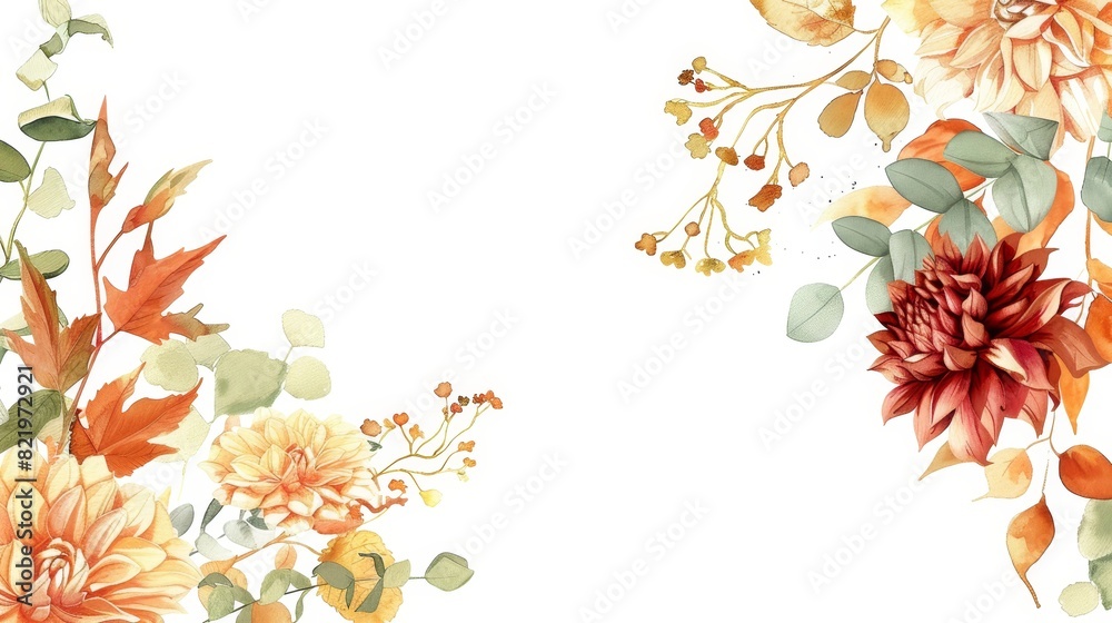 Fall floral corner border with rose, dahlia, and eucalyptus leaves. Autumn frame, banner, and background. Yellow, burnt orange flowers on terracotta foliage. Watercolor illustration for rustic Fall floral corner border with rose, dahlia, and eucalyptus leaves. Autumn frame, banner, and background. Yellow, burnt orange flowers on terracotta foliage. Watercolor illustration for rustic