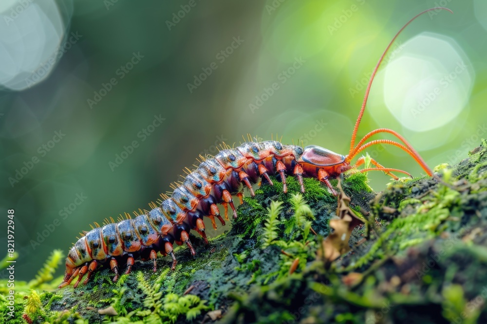 A red and blue insect crawling on a mossy surface. Suitable for nature and wildlife themes A red and blue insect crawling on a mossy surface. Suitable for nature and wildlife themes
