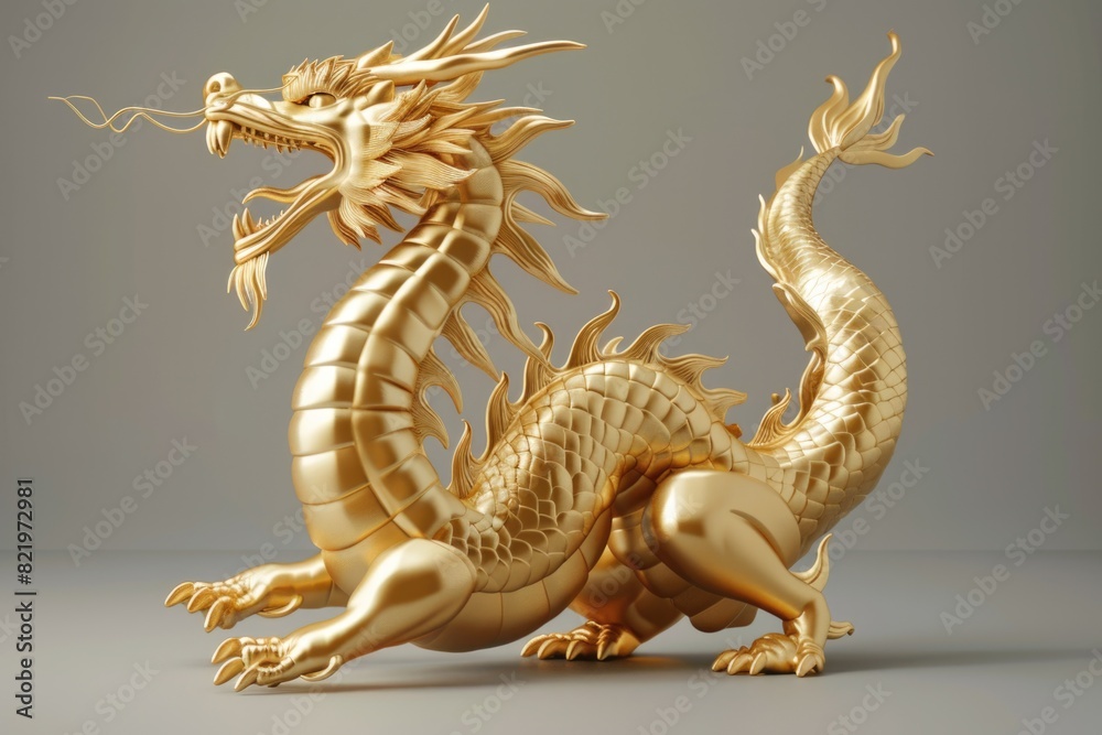 Fototapeta premium A majestic golden dragon statue on a neutral gray background. Ideal for fantasy-themed designs