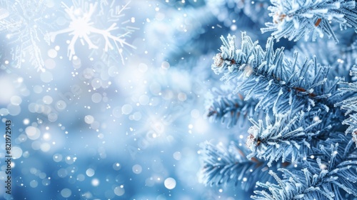A close-up of a snow-covered pine branch with a blurred background of falling snow and bokeh lights.