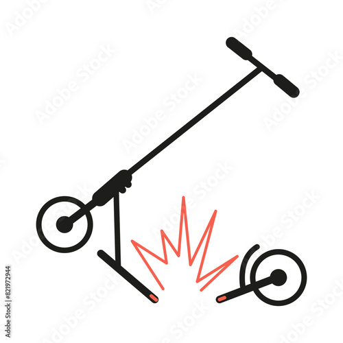 Broken stunt scooter line art minimalistic vector illustration isolated on white.