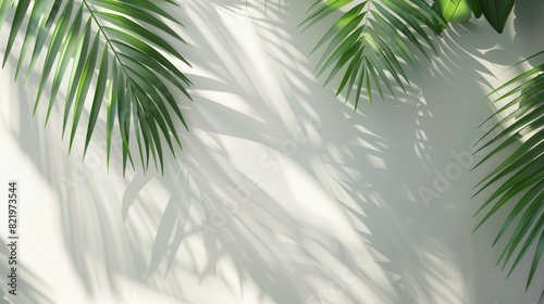 A silhouette of shadowed palm leaves on white background with a tropical coconut leaf overlay. An element object for spring summer  mock-up presentation of a product.
