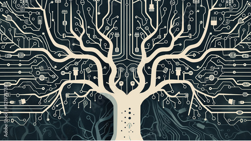 a tree with various electrical plugs and sockets leaves transitioning into a pattern resembling circuit board traces or wires, which end in USB plugs and representing the idea of a tech ecosystem