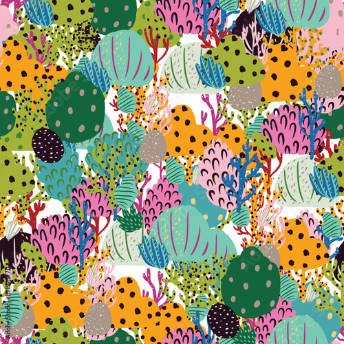 A seamless pattern of colorful corals and seaweed in pink and orange hues. An artistic representation of natures beauty, perfect for textile products