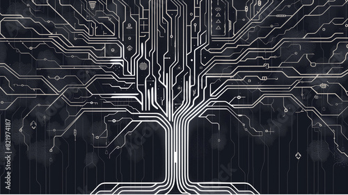 a tree with various electrical plugs and sockets leaves transitioning into a pattern resembling circuit board traces or wires, which end in USB plugs and representing the idea of a tech ecosystem photo