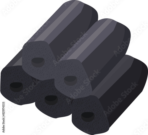 Detailed digital vector illustration of isometric charcoal briquettes for ecofriendly bbq and grilling, featuring clean renewable energy source, isolated on a natural hardwood texture background