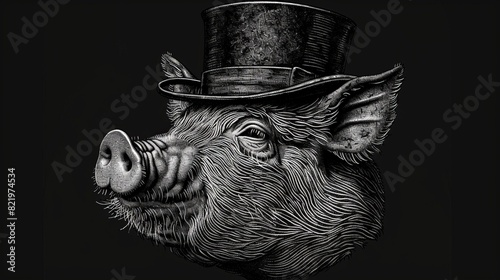 Illustration of a pig in a cylinder top hat in black and white. Scratch board style imitation.