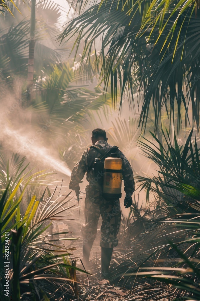 A man with a backpack spraying water on plants. Suitable for gardening and agriculture concepts A man with a backpack spraying water on plants. Suitable for gardening and agriculture concepts