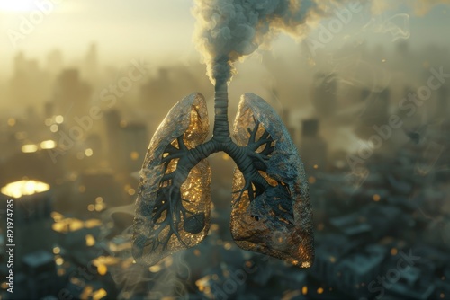 Pollution and lung disease concept, heavy polluted air impact on lungs causing cancer and multiple illnesses, respiratory system collapse 3d rendering 