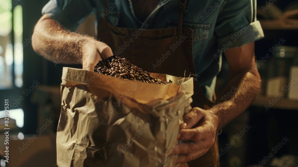 Obraz premium Man holding a bag of coffee beans, perfect for coffee shops or cafes