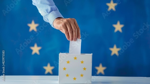 A hand inserts a ballot paper into a ballot box on a blue background with a space for copying