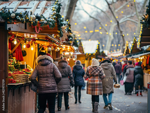 Busy holiday market with colorful stalls, shoppers carrying bags, and festive decorations all around.