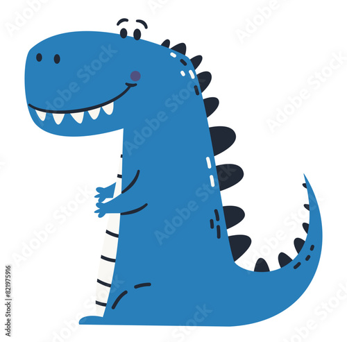 Cute blue dinosaur in simple child style on white background, flat vector illustration . Vector illustration