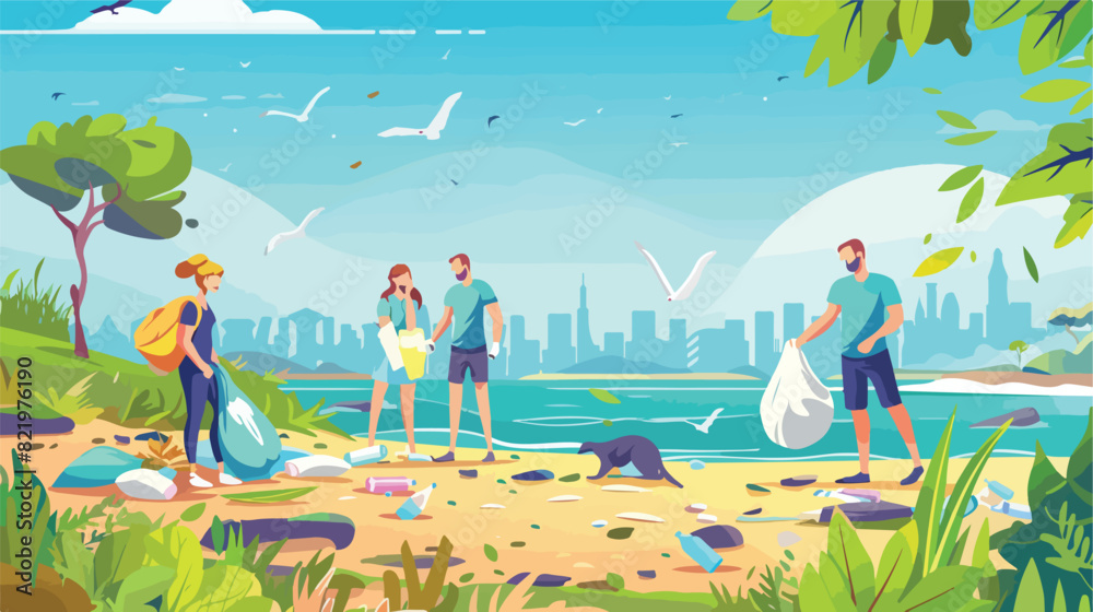People volunteers clean nature park beach or city from