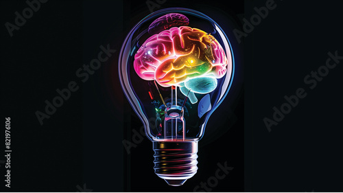  a lightbulb. Inside the clear bulb, in place of the filament, is a colorful brain with various sections highlighted in different hues