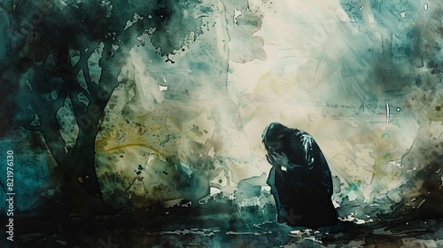 The Garden of Gethsemane is depicted in dark watercolors with a poignant scene of Jesus praying
