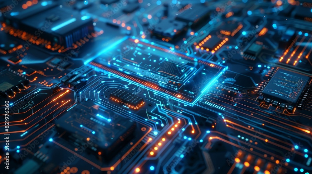 An abstract, futuristic, circuit-based computer with a server for cloud computing, cybersecurity, or fast connection. IT, innovation, and technology abstracts with a motherboard for speed online.