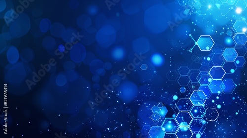In this abstract blue background with digital data and hexagons, a digital marketing concept is illustrated using examples of generative artificial intelligence.