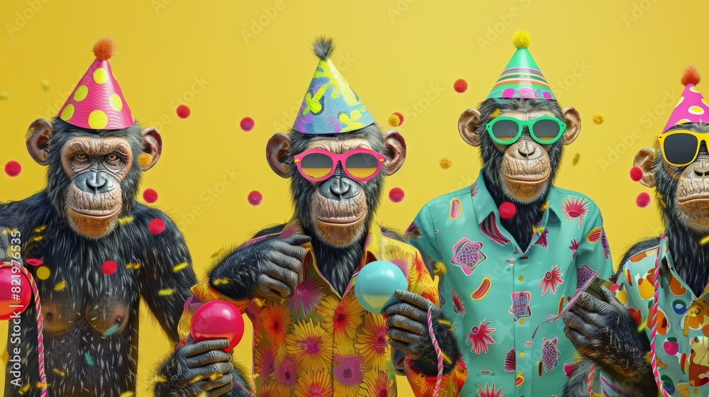 A group of apes wearing a mismatched set of colours isolated on a bright background. Birthday invitation banner concept.