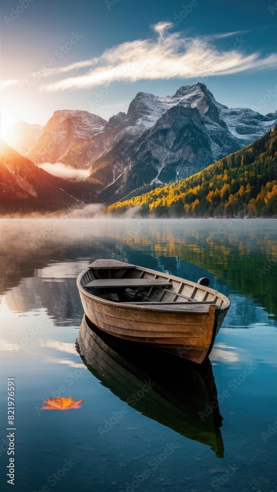 Fototapeta premium Tranquil Waterscape with Wooden Boat