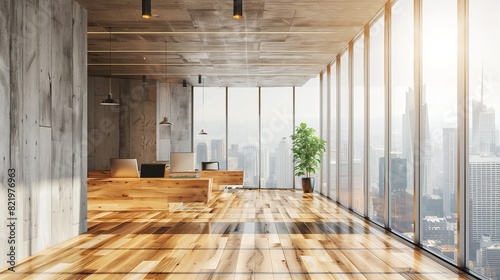 Stunning coworking office interior with panoramic windows and city view, rendered in 3D.