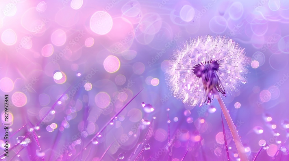 A dandelion close-up, with water drips on a purple bokeh background, capturing a dreamy, serene mood. A dandelion close-up, with water drips on a purple bokeh background, capturing a dreamy, serene mood.