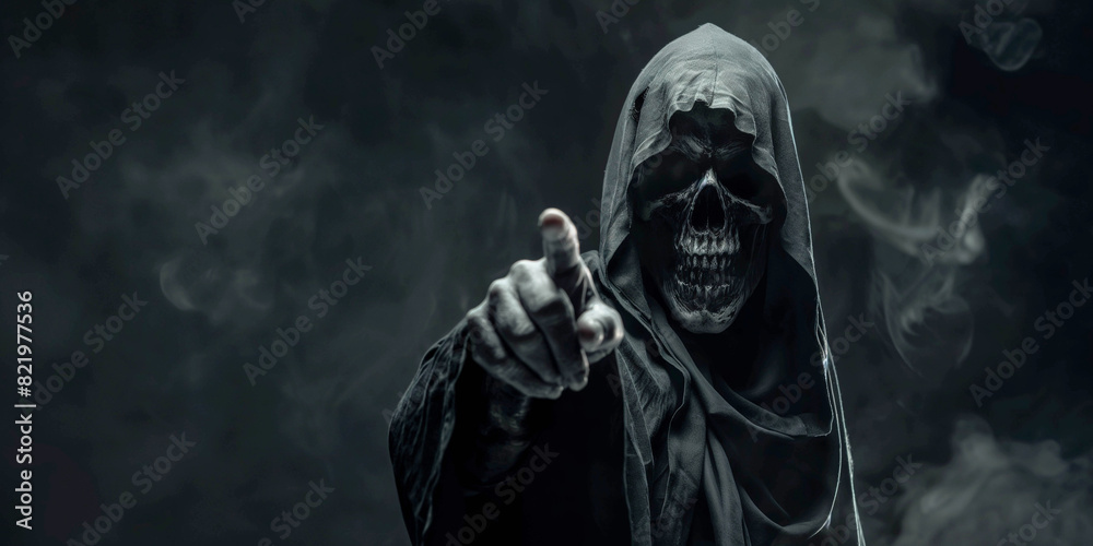 Grim Reaper pointing his index finger at the camera on a dark background, Halloween, banner Grim Reaper pointing his index finger at the camera on a dark background, Halloween, banner