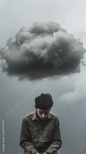 A young man  looking pensive  stands under a dark  ominous cloud  symbolizing moodiness or personal troubles  against a grey background.