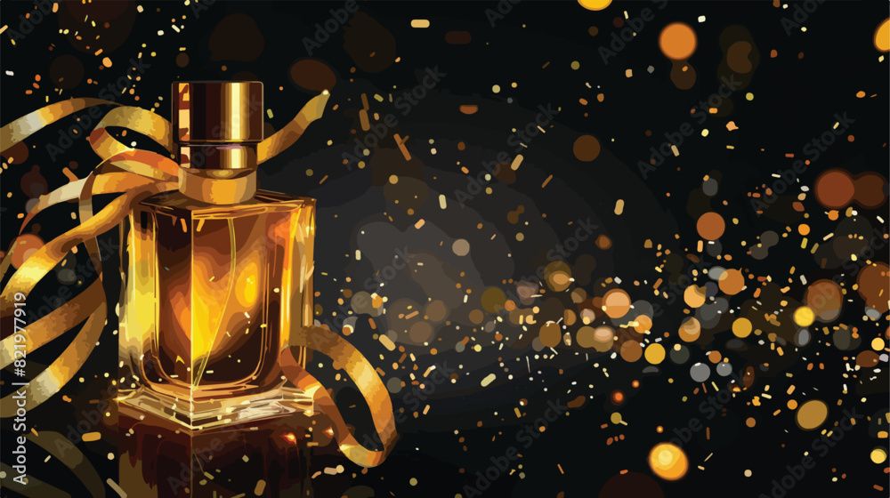 Perfume bottle with gold ribbons on black background