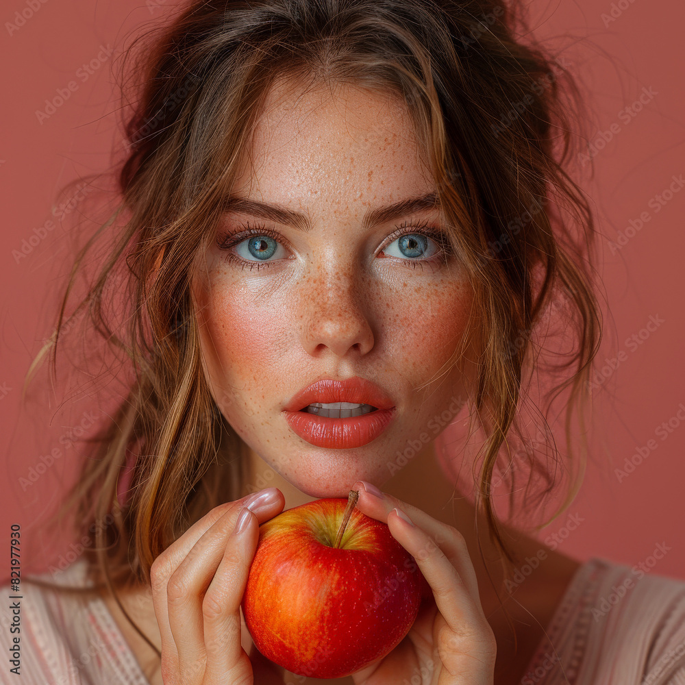 Woman holding fresh apple against coral background, highlighting natural beauty freshness
