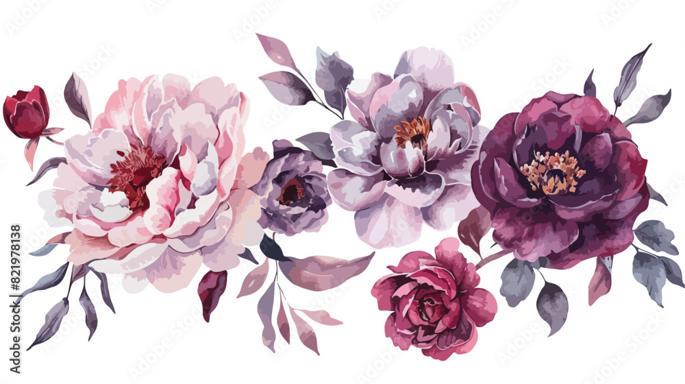 Watercolor floral Four  pink peonies and burgundy ros