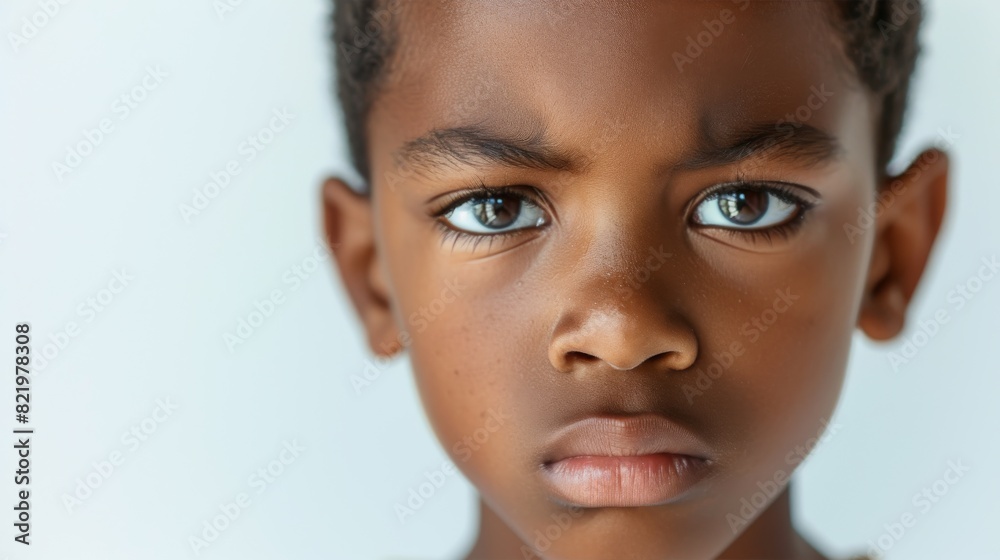 Portrait of a serious young boy with captivating blue eyes looking directly at the camera, set against a neutral background. Portrait of a serious young boy with captivating blue eyes looking directly at the camera, set against a neutral background.