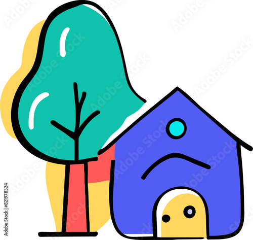 tree and house, icon doodle offset fill