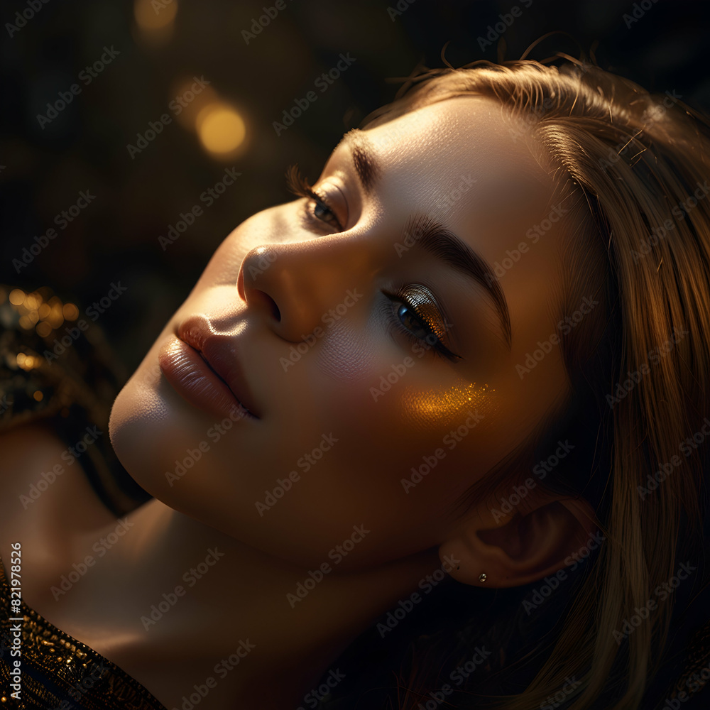 The scene is dominated by a play on black and gold. The woman's face, primarily rendered in darker hues, reveals intricate details like her long, beautifully defined eyelashes The scene is dominated by a play on black and gold. The woman's face, primarily rendered in darker hues, reveals intricate details like her long, beautifully defined eyelashes