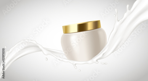 Creamy swirls and various containers realistic vector illustration. Skincare products advertisement 3d objects on white background