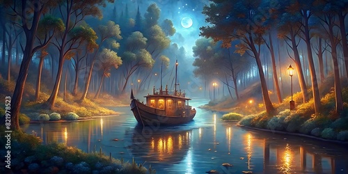 A majestic river boat glides through the tranquil waters, its reflection shimmering in the moonlight. 
