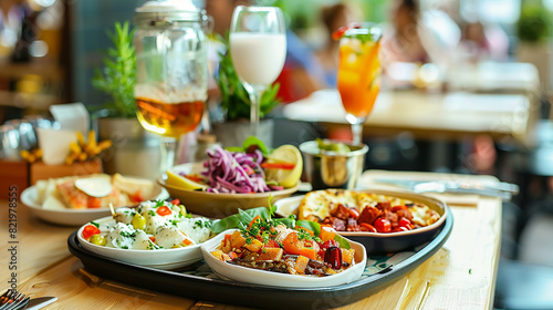 Vibrant tray with Mediterranean dishes in a bright, airy restaurant.