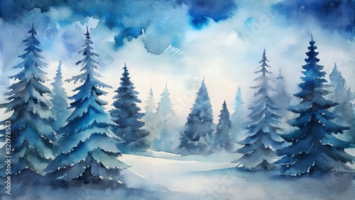children's style watercolor, high detail, snowy cute neat light blue narrow Christmas trees with beautiful branches, trees of different heights in a row