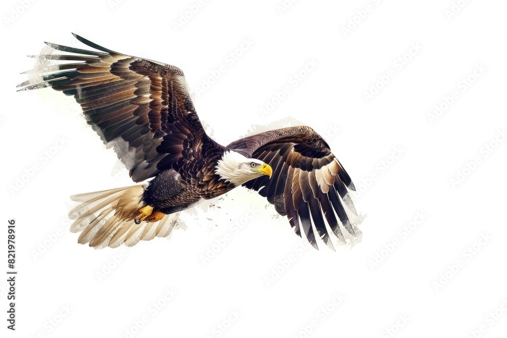 Naklejka premium Majestic bald eagle soaring through the air. Ideal for nature and wildlife concepts