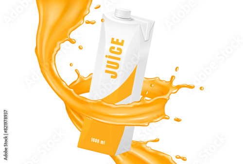 Carton juice packaging in orange swirling flow realistic vector illustration. Refreshing beverage in recyclable container 3d objects on white background