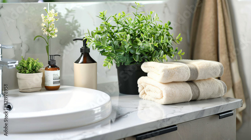 Potted artificial plants rolled towels and soap 