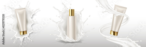 Cream splashes with packages realistic vector illustration set. Moisturizing products for anti-aging skincare 3d objects on white background