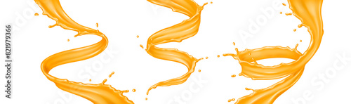 Orange juice splashing swirls realistic vector illustration set. Moving flows of refreshing fruit drink motion 3d objects on white background