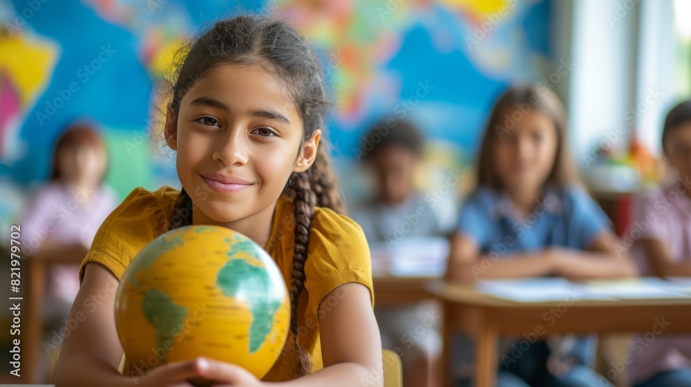 A cheerful young girl with braided hair holds a globe in her classroom, surrounded by peers and educational posters. A cheerful young girl with braided hair holds a globe in her classroom, surrounded by peers and educational posters.