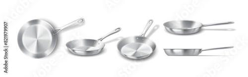 Frying pans of shiny steel realistic vector illustration set. Steel fry pans design. Modern kitchenware 3d objects on white background