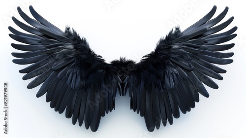 Demon Wings with Black Plumage Isolated on White Background.