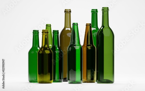 3d render of empty wine beer or liquor glass bottles for packaging industrial or recycle concept